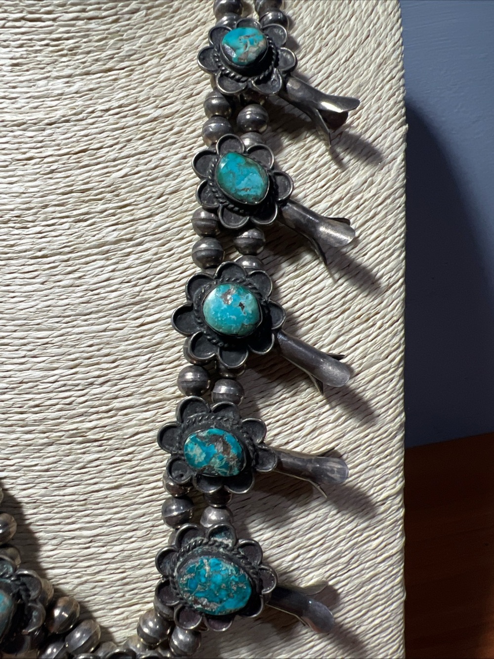 Vintage 60s Navajo Bisbee Turquoise .925 Silver Squash Blossom 24”Necklace 220g - Picture 4 of 14